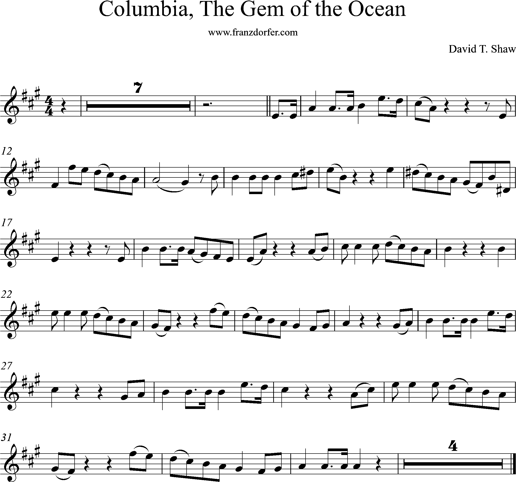 Columbia, sheet music, Solopart, A-Major